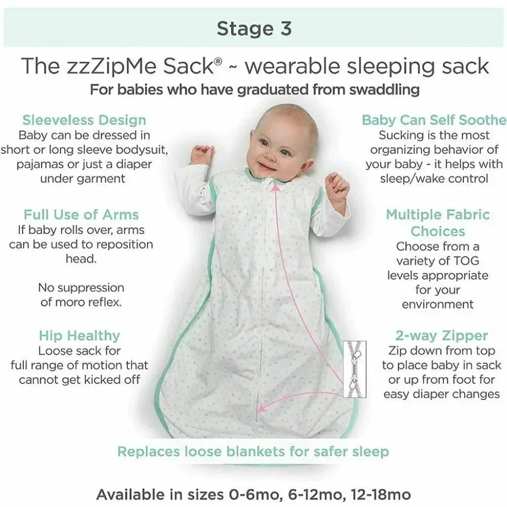 Amazing Baby Cotton Sleeping Sack, Tiny Elephants, Sterling, Medium 6-12 months